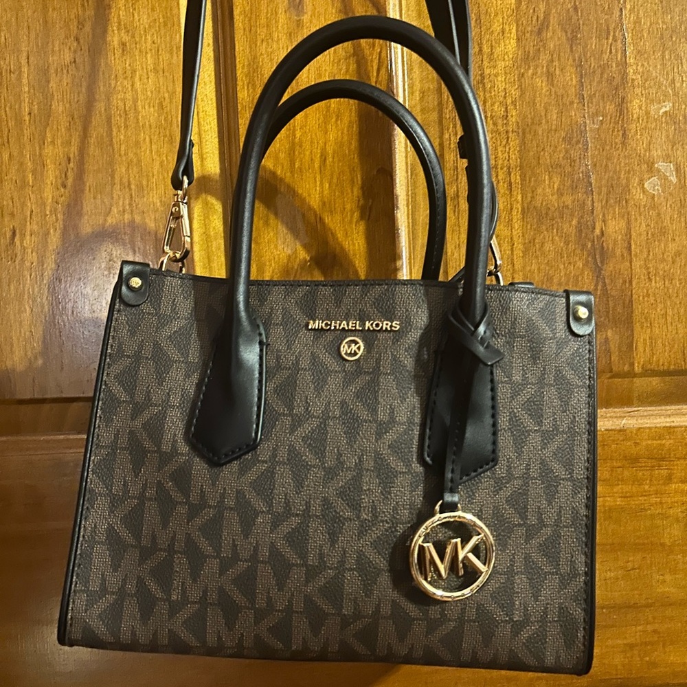 Michael Kors Brown MK Monogram Satchel with Gold Charm